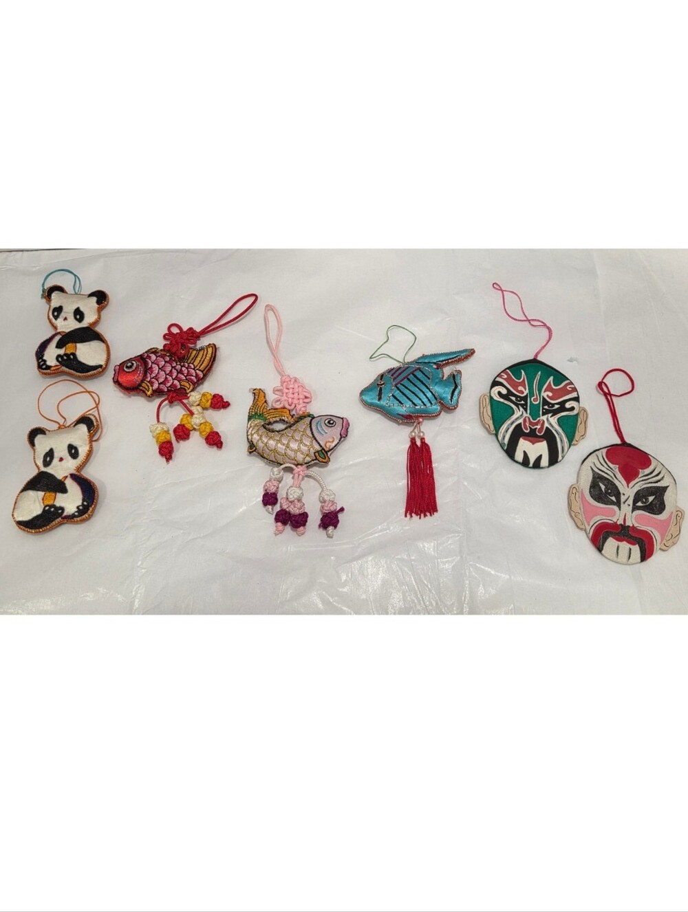 Vintage Lot Of 7 Asian Fabric Satin Mask Panda Fish Ornaments